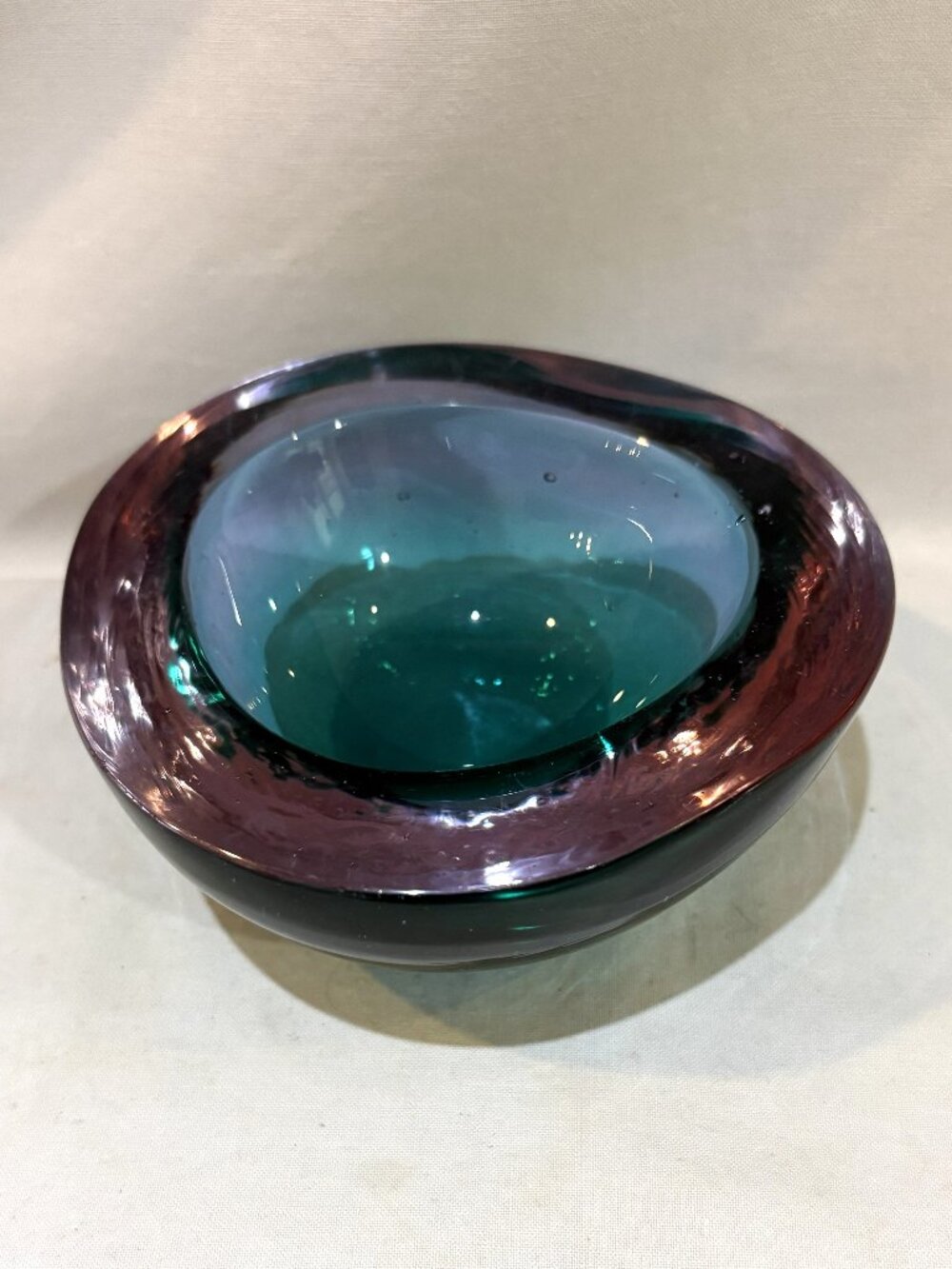 VTG Murano Art Glass Purple Green Geode Triangular Bowl